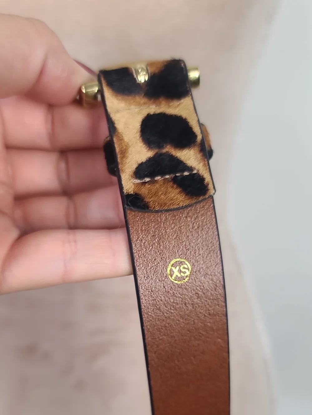 J. Crew Leopard Print Luxe Leather Calf Hair Belt Gold-Tone Buckle XS #L3620